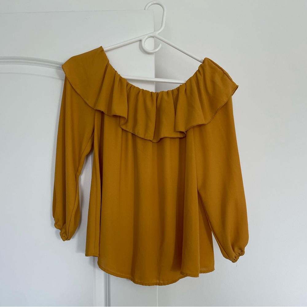 Mittoshop: Mustard Off the Shoulder Ruffle blouse